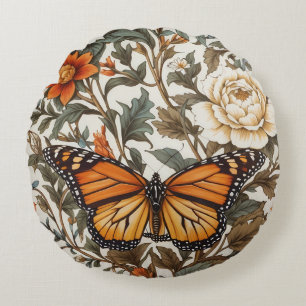 Elegant Monarch Butterfly William Morris Inspired Round Pillow