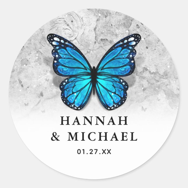 Elegant Monarch Template Blue Butterfly Wedding Classic Round Sticker (Front)