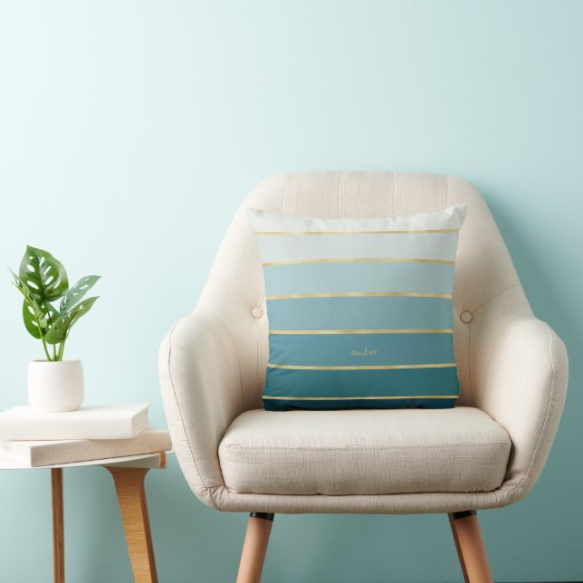 Elegant Monochromatic Gradient Teal Gold Stripes Throw Pillow (Chair)
