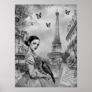 Elegant Monochromatic Victorian Goth Girl in Paris Poster