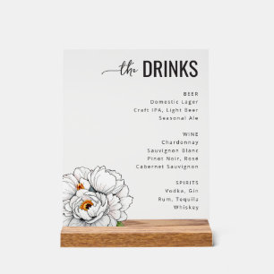 Elegant Monochrome Floral Beverage Menu Acrylic Sign