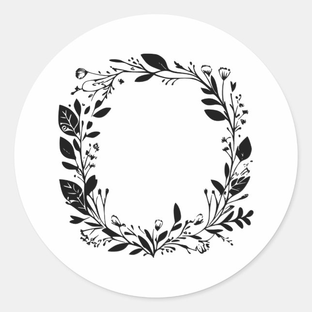 Elegant Monochrome Floral Frame Design Classic Round Sticker (Front)