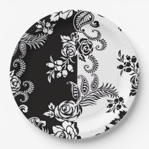 Elegant Monochrome Floral Party Paper Plates