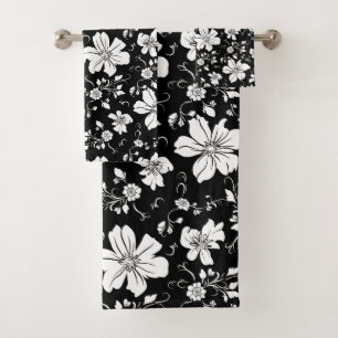 elegant monochrome floral pattern black white bath towel set