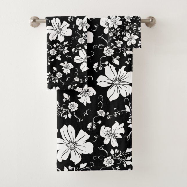 elegant monochrome floral pattern black white bath towel set (Insitu)