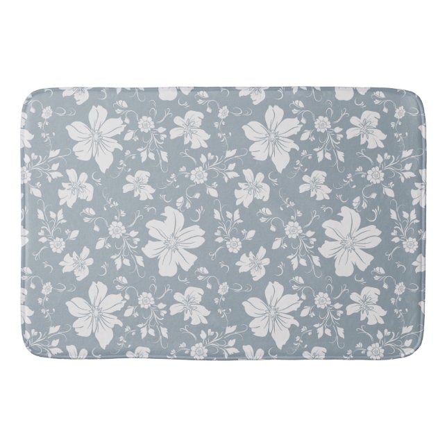 elegant monochrome floral pattern blue grey bath mat (Front)