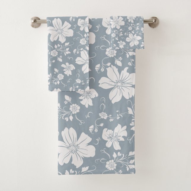elegant monochrome floral pattern blue grey bath towel set (Insitu)