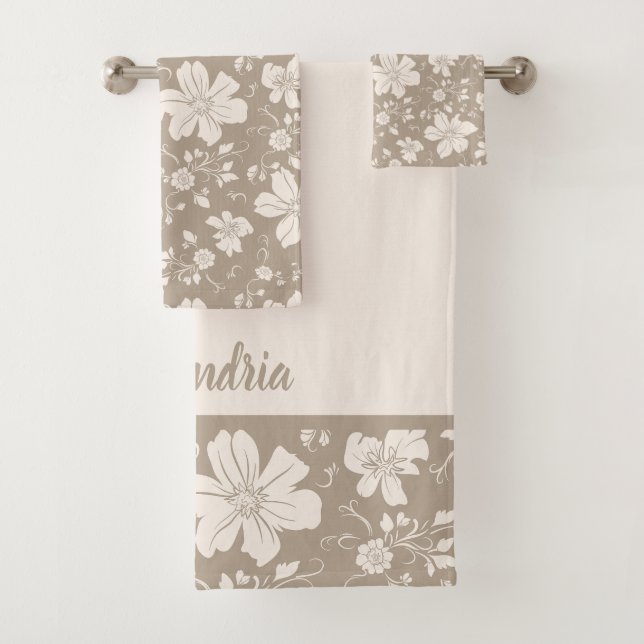 elegant monochrome floral pattern taupe bath towel set (Insitu)