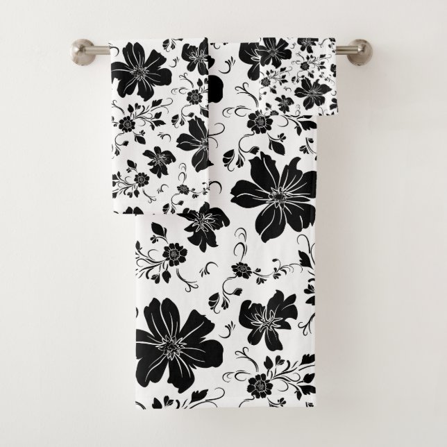 elegant monochrome floral pattern white black bath towel set (Insitu)
