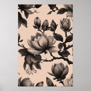 Elégant Monochrome Magnolia Poster Vintage