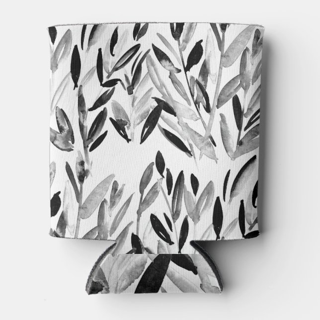 Elegant Monochrome: Natural Leaves Pattern Can Cooler (Front)