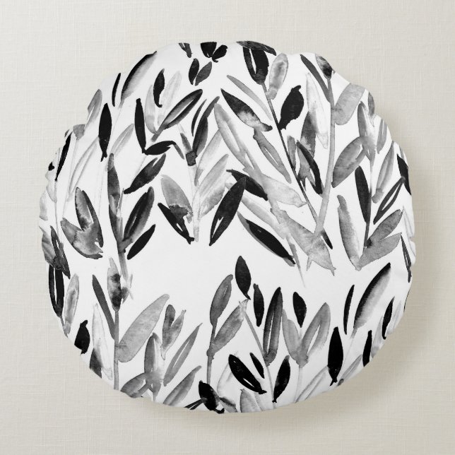 Elegant Monochrome: Natural Leaves Pattern Round Pillow (Front)