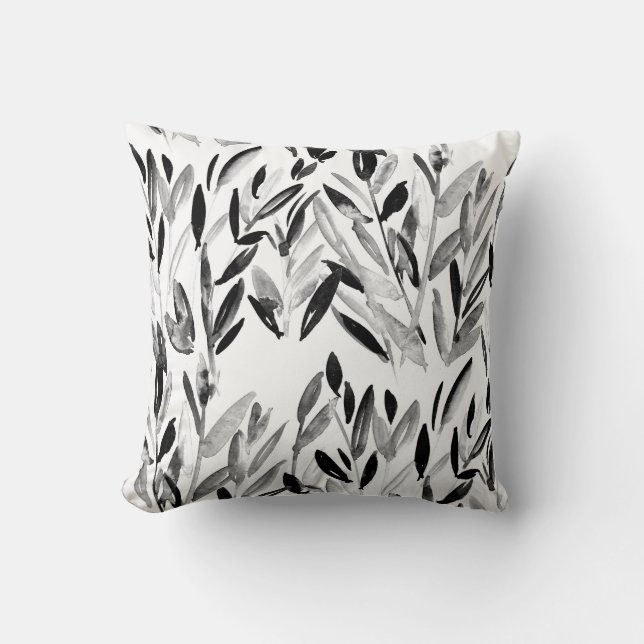 Elegant Monochrome: Natural Leaves Pattern Throw Pillow (Front)