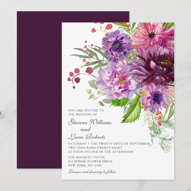 Elegant Monochrome Watercolor Floral Wedding Invitation (Front/Back)