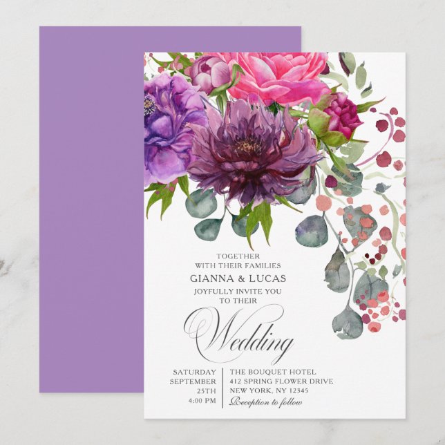 Elegant Monochrome Watercolor Floral Wedding Invitation (Front/Back)