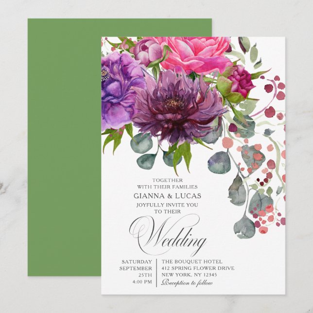 Elegant Monochrome Watercolor Floral Wedding  Invitation (Front/Back)