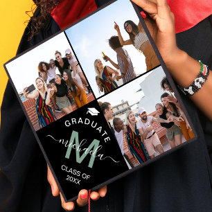 Elegant Monogram 3 Photo Graduation Cap Topper