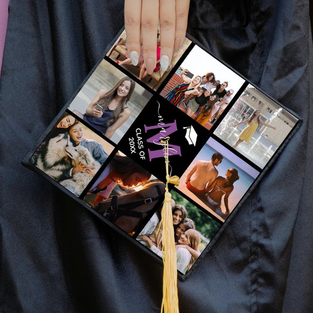Elegant Monogram 8 Photo Graduation Cap Topper (Creator Uploaded)
