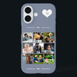 Elegant monogram 9 photo collage blue iPhone 16 case<br><div class="desc">Add nine family,  kids,  pets or best friends images and create your own beautiful photo collage phone case with your monogram name initial inside a white heart over a dusty blue background.             Easy to personalize with your custom square images and letter</div>