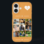 Elegant monogram 9 photo collage orange iPhone 16 case<br><div class="desc">Add nine family,  kids,  pets or best friends images and create your own beautiful photo collage phone case with your monogram name initial inside a white heart over a orange background.             Easy to personalize with your custom square images and letter</div>