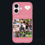 Elegant monogram 9 photo collage pink iPhone 16 case<br><div class="desc">Add nine family,  kids,  pets or best friends images and create your own beautiful photo collage phone case with your monogram name initial inside a white heart over a pink background.             Easy to personalize with your custom square images and letter</div>