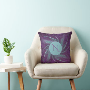 Elegant Monogram Abstract Spiral Purple Teal Throw Pillow
