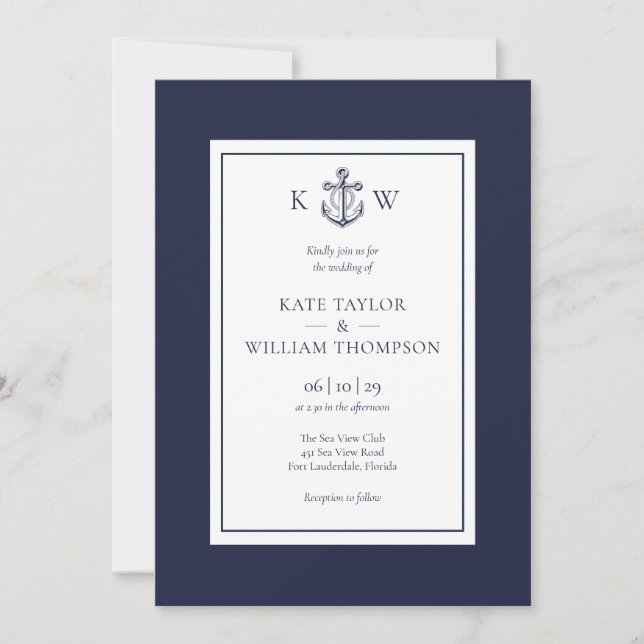 Elegant Monogram Anchor Navy Blue Nautical Wedding Invitation (Front)