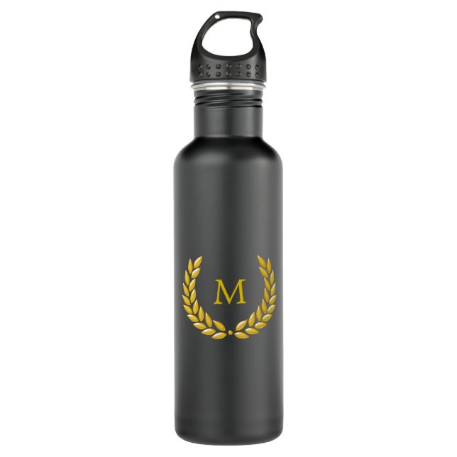 Elegant Monogram and Gold Laurel Wreath on Black 710 Ml Water Bottle (Front)