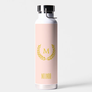 Elegant Monogram and Gold Laurel Wreath on Pink Water Bottle