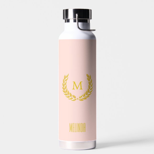 Elegant Monogram and Gold Laurel Wreath on Pink Water Bottle (Left)
