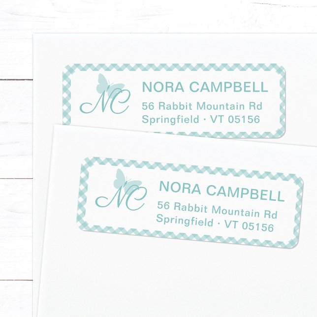 Elegant Monogram Aqua Blue Gingham Return Address (Elegant butterfly monogram return address label in aqua blue, turquoise with plaid background.)