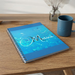 Elegant Monogram Aqua Blue School of Fish Ocean Notebook