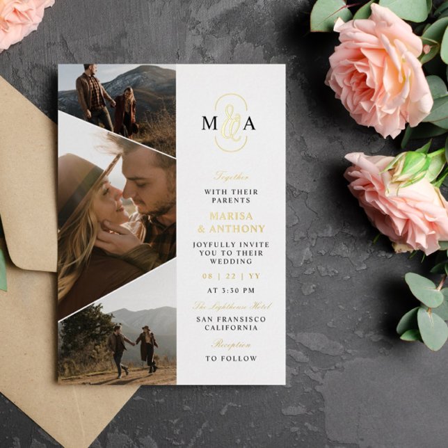 Elegant Monogram Asymmetrical Photos Wedding Gold (Creator Uploaded)