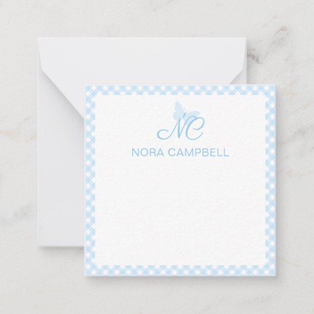 Elegant Monogram Baby Blue Gingham Personalized Card (Front)