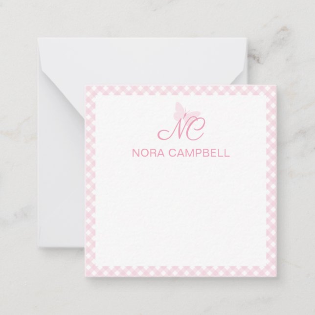 Elegant Monogram Baby Pink Gingham Personalized Card (Front)