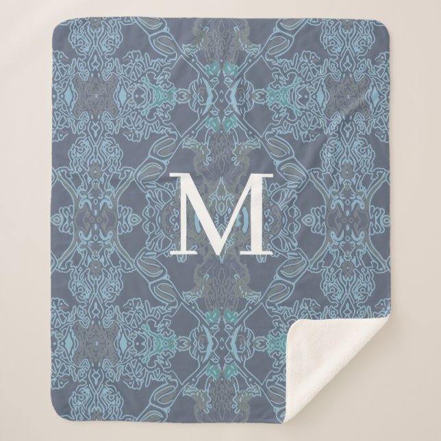 Elegant Monogram Baroque Pattern in Blue Shades Sherpa Blanket (Front)