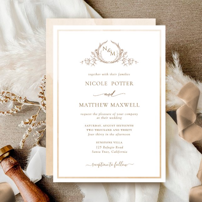 Elegant Monogram Beige Cream Watercolor Wedding In Invitation (Creator Uploaded)