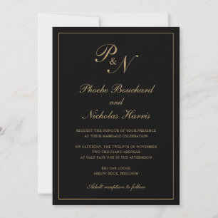 Elegant Monogram Black and Gold All In One Wedding Invitation