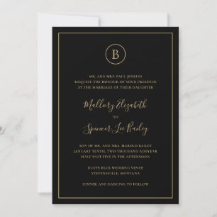 Elegant Monogram Black and Gold All In One Wedding Invitation