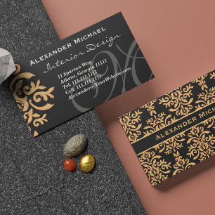 Elegant Monogram Black and Gold Damask Business Ca Card