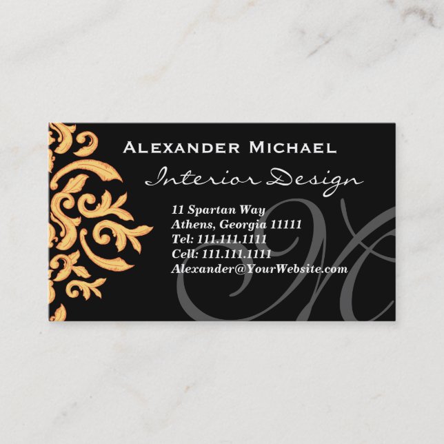 Elegant Monogram Black and Gold Damask Business Card (Front)