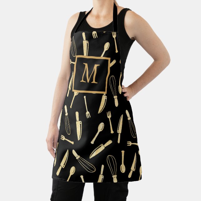 Elegant Monogram Black and Gold Kitchen Utensils Apron (Insitu)