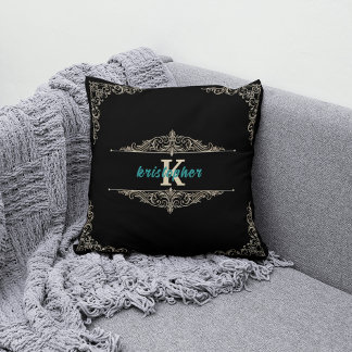 Elegant Monogram Black and Gold Personalized Name Throw Pillow