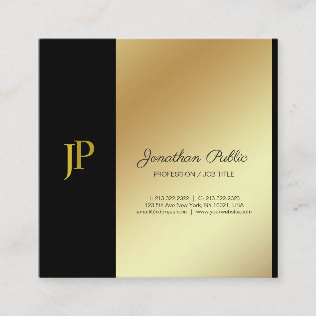 Elegant Monogram Black and Gold Plain Luxury Square Business Card (Front)