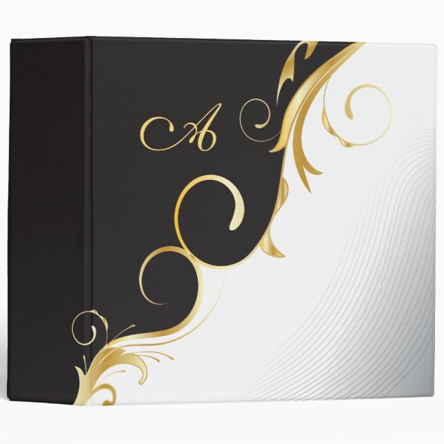 Elegant Monogram  Black and Gold Scroll  Binder (Front/Spine)