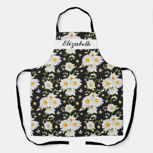 Elegant Monogram Black and White  Daisy Pattern  Apron