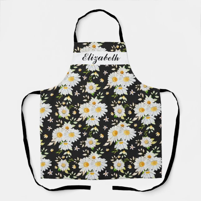 Elegant Monogram Black and White  Daisy Pattern  Apron (Front)