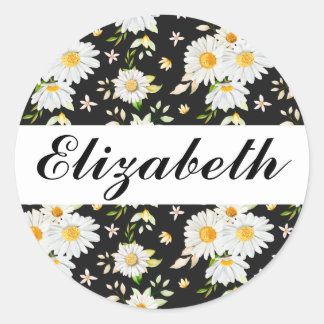 Elegant Monogram Black and White  Daisy Pattern  Classic Round Sticker