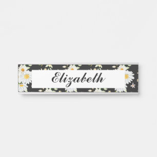 Elegant Monogram Black and White Daisy Pattern Door Sign