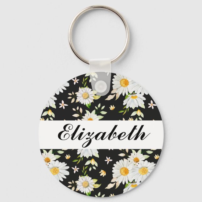 Elegant Monogram Black and White  Daisy Pattern Keychain (Front)
